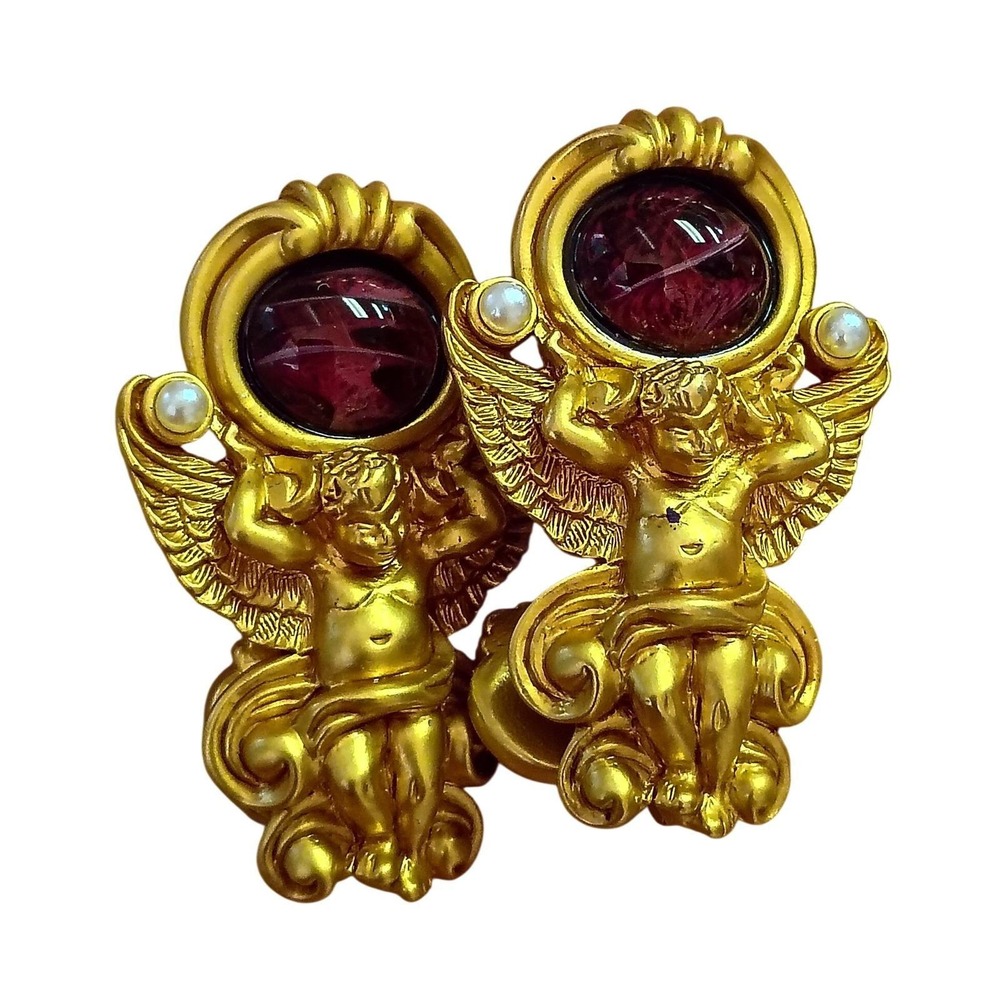 Elizabeth Taylor for Avon Cherub Clip On Earrings Gold Tone Purple Cabochon 1993